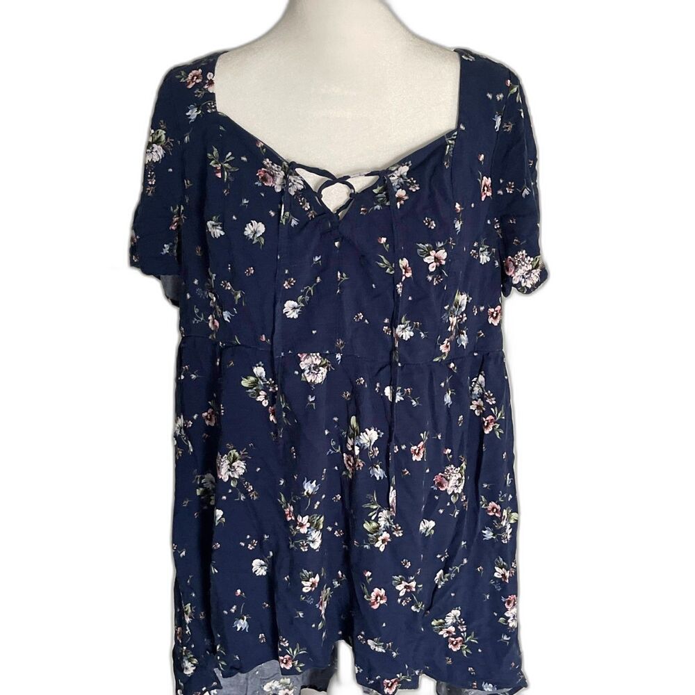 Torrid Navy Blue Floral Lace-Up Short Flutter Sleeve Babydoll Tunic Top 0